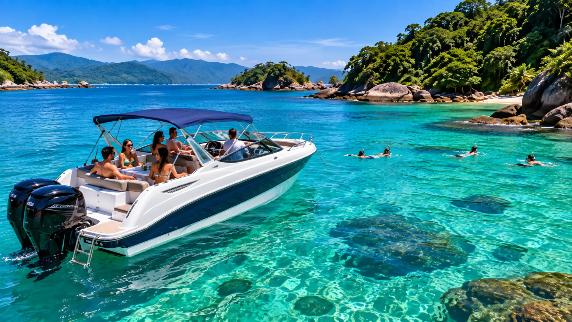 Passeio de lancha em Ilha Grande nas águas cristalinas da Lagoa Azul